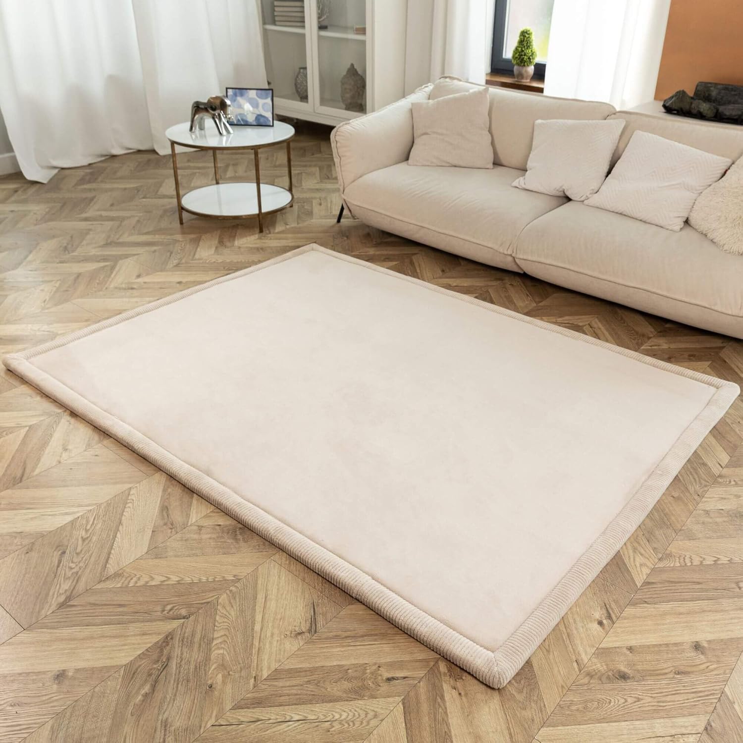 Premium Baby Play Mat 60”x 80” Beige – Cloud-Soft Coral Velvet Memory Foam Rug for Crawling & Play