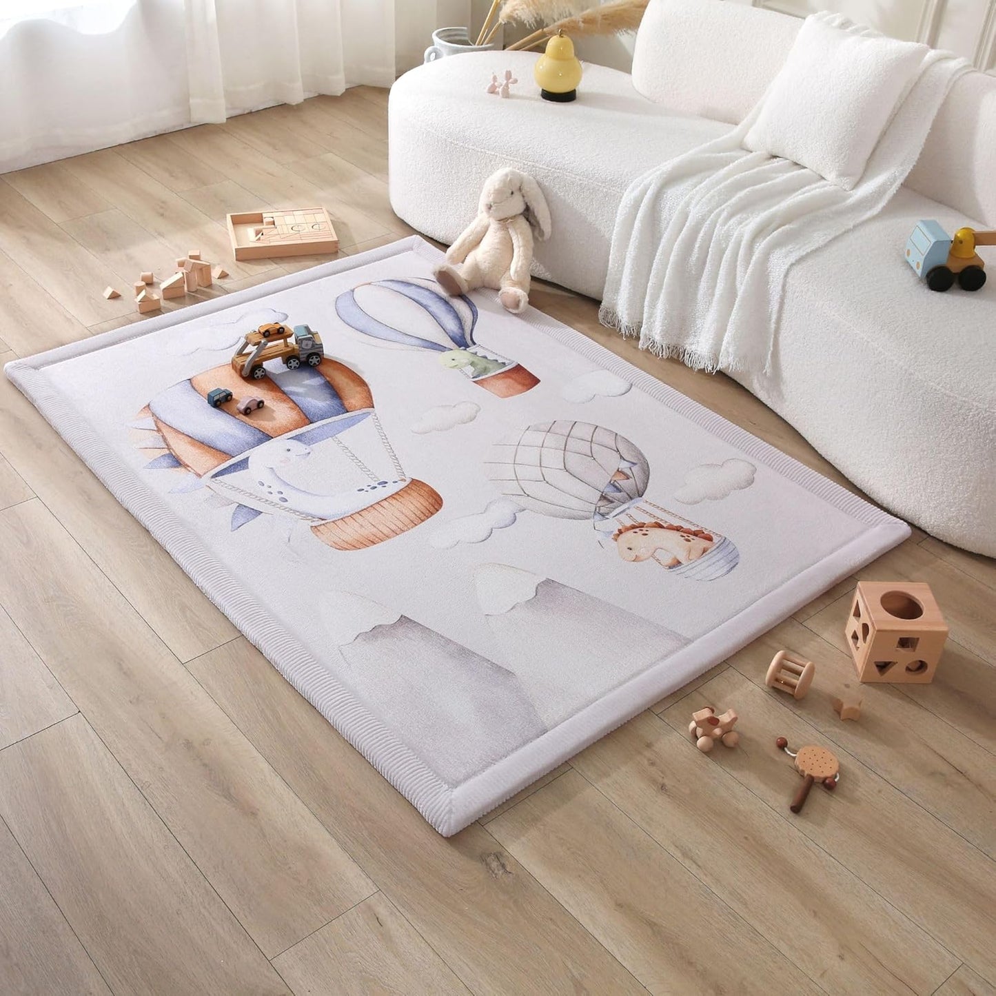 Stylish Coral Baby Play Mat for Floor 47" x 67" Dinosaur Balloons – Soft 1" Thick High-Density