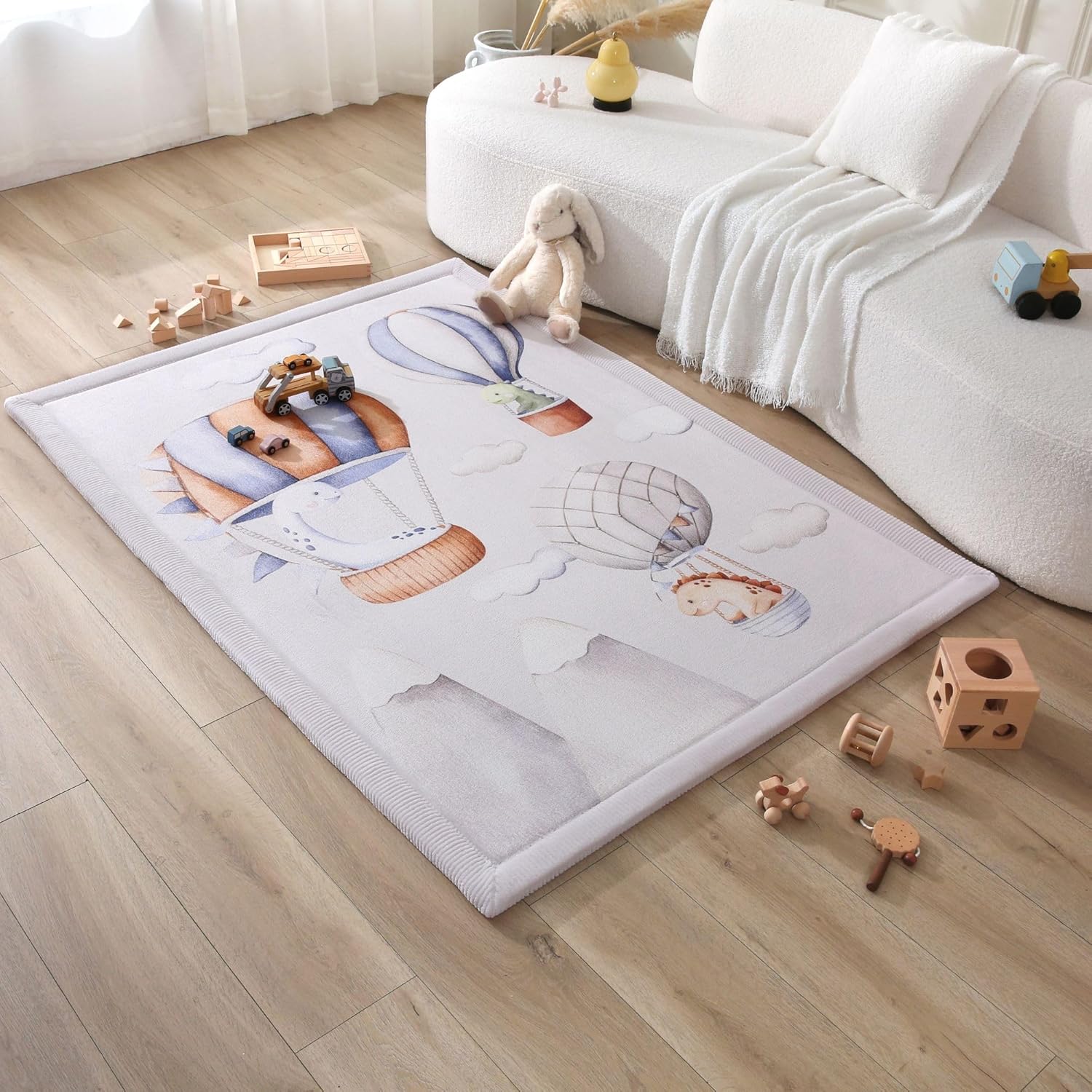 Stylish Coral Baby Play Mat for Floor 47" x 67" Dinosaur Balloons – Soft 1" Thick High-Density