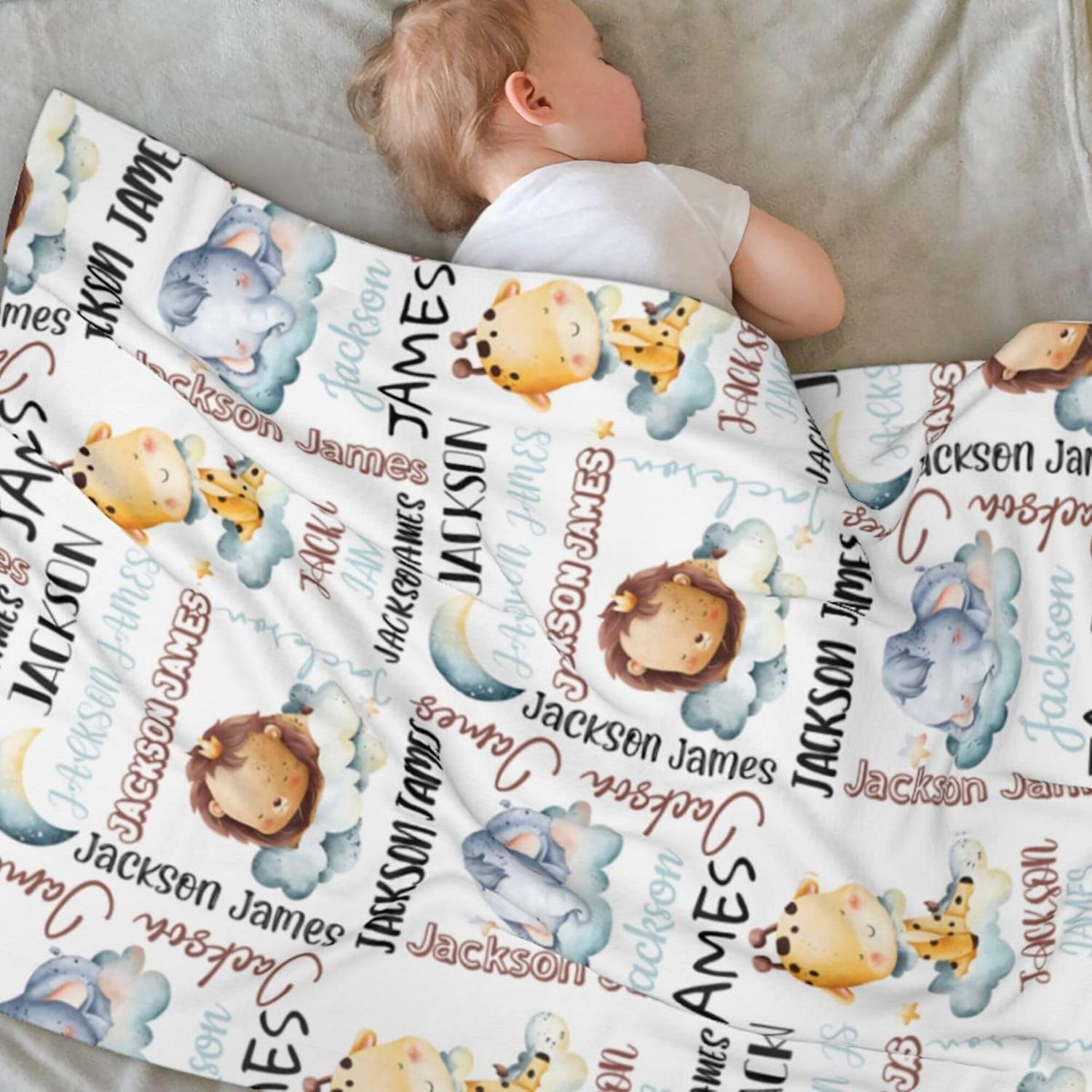 Personalized Baby Blanket for Boys, Custom Baby Blanket with Name, Safari Animal Blanket Name Baby