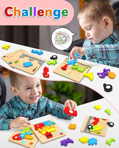 Yetonamr Wooden Toddler Puzzles Gifts Toys for 1 2 3 Years Old Boys Girls, 6 Vehicle Shape