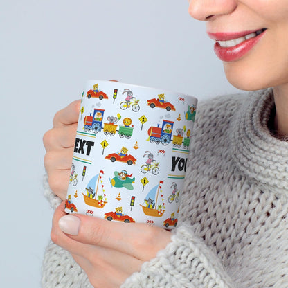 Personalized Mug for Kids - Vehicles - Custom Name/Text, Ceramic Hot Chocolate/Cocoa/Coffee Cup for