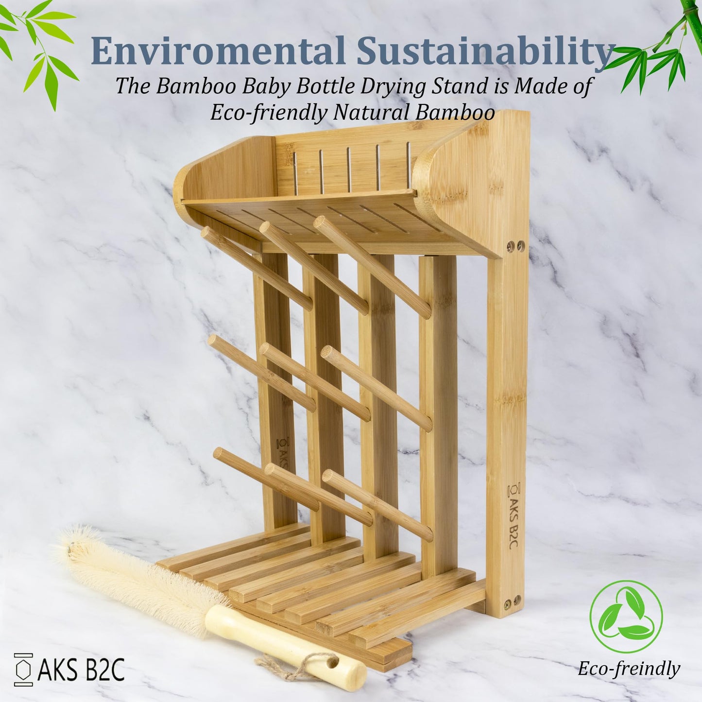 AKS B2C Bamboo Baby Bottle Drying Rack, Vertical Space Saving Kitchen Organizer, 9 Bottle Capacity