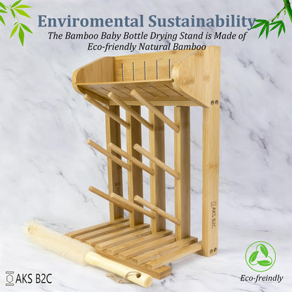 AKS B2C Bamboo Baby Bottle Drying Rack, Vertical Space Saving Kitchen Organizer, 9 Bottle Capacity