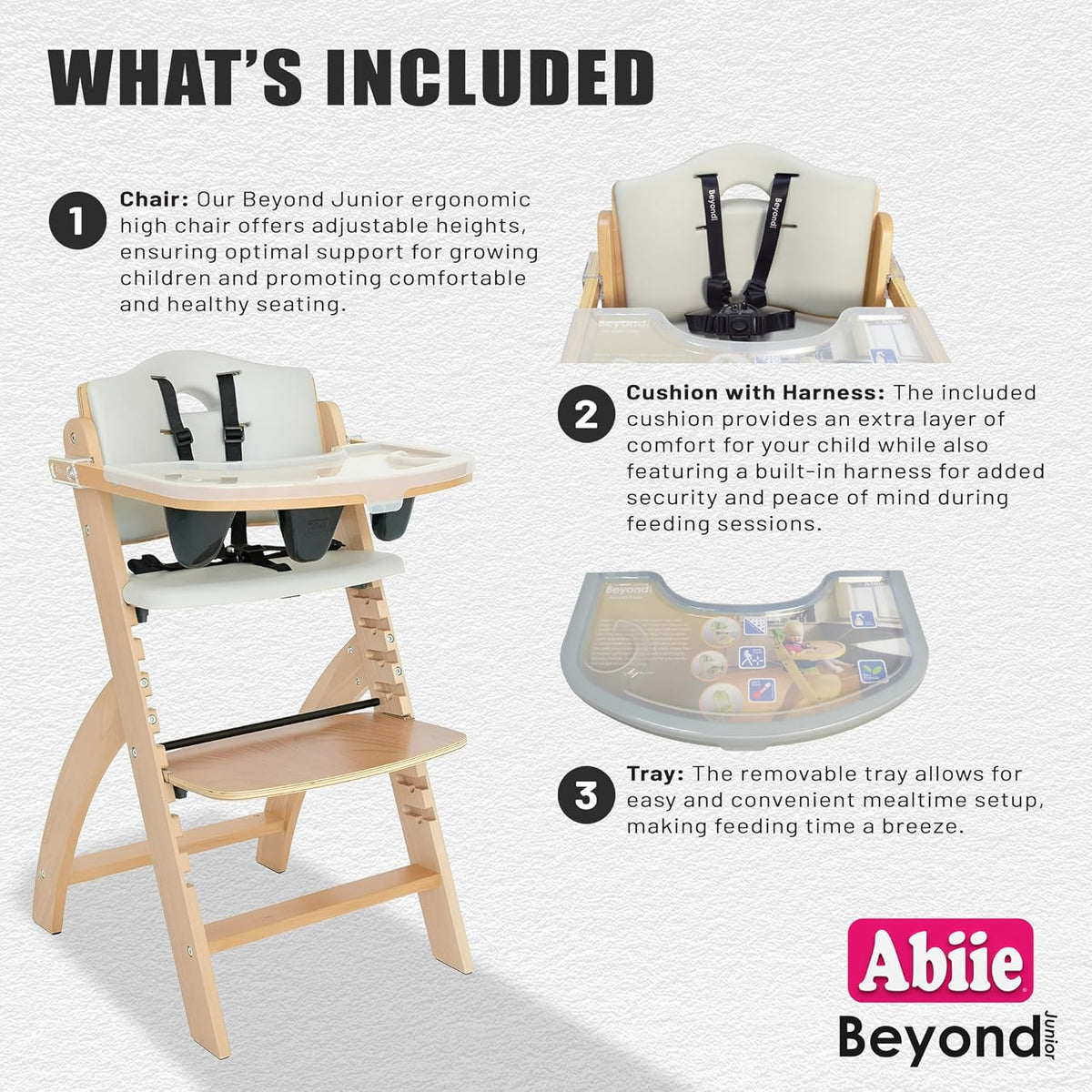Abiie Beyond Junior Wooden High Chair with Tray - Adjustable and Convertible High Chair for Babies