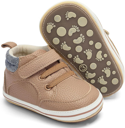 Baby Boys Girls Non-Slip Rubber Sole High-Top PU Leather Infant Sneakers Toddler Crib First Walker
