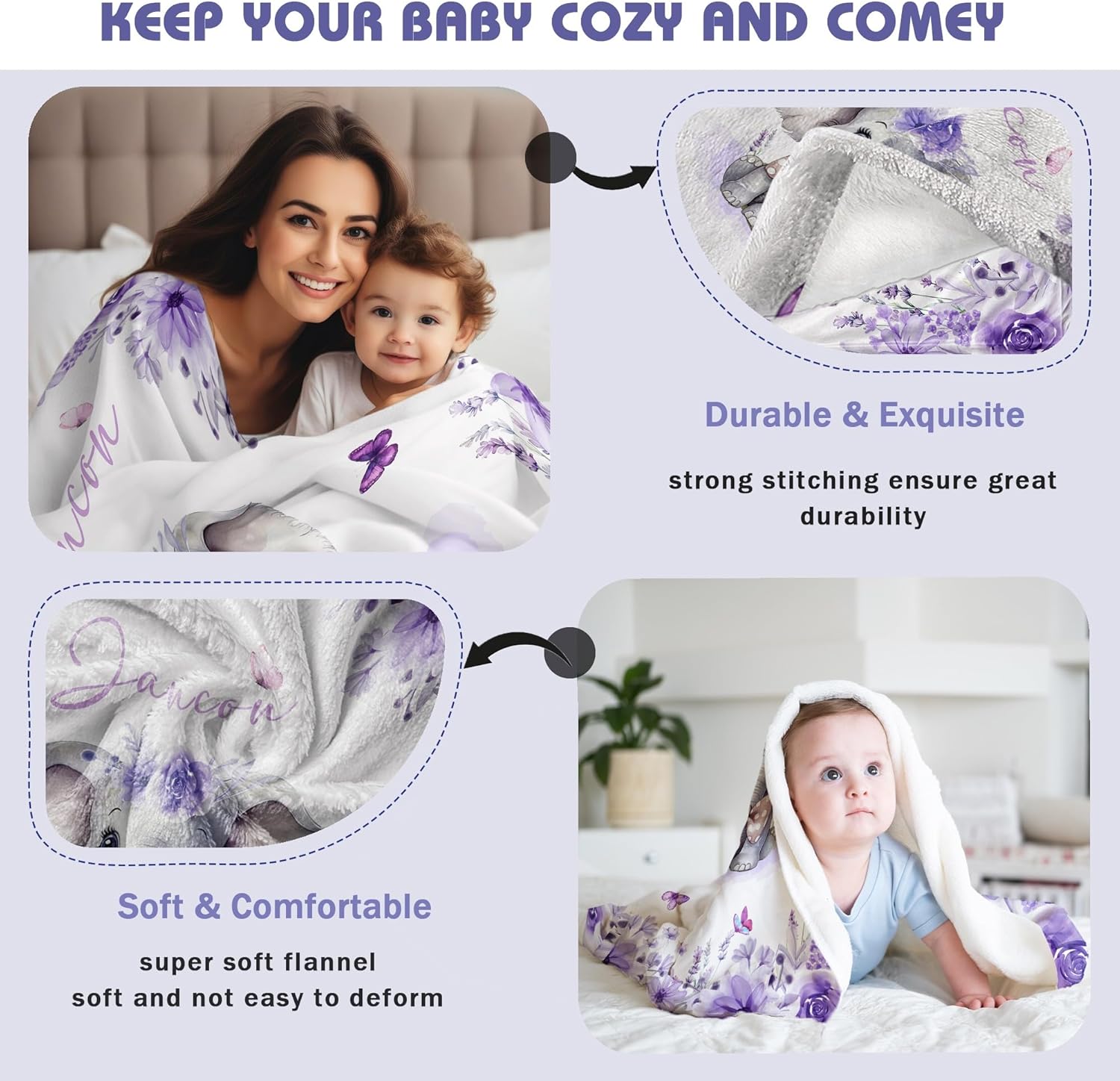 Custom Baby Blanket with Name Personalized Baby Name Blankets for Girls Customized Elephant Blanket
