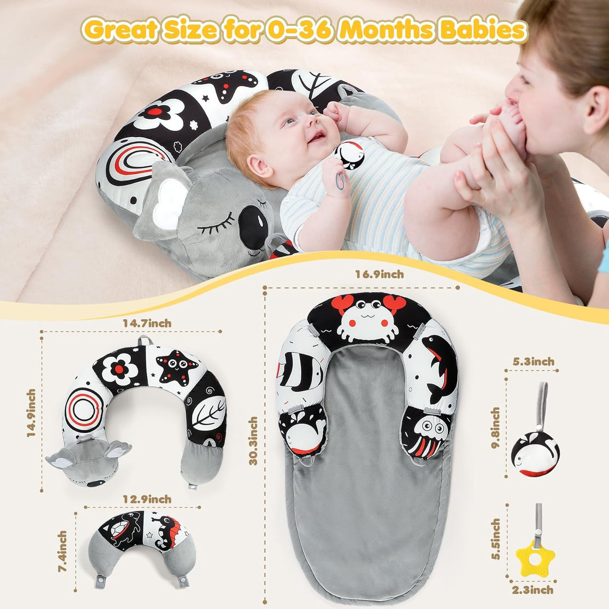 URMYWO Tummy Time Mat - 4 in 1 Cozy Tummy Time & Seated Support Pillow, Tummy Time Pillow for