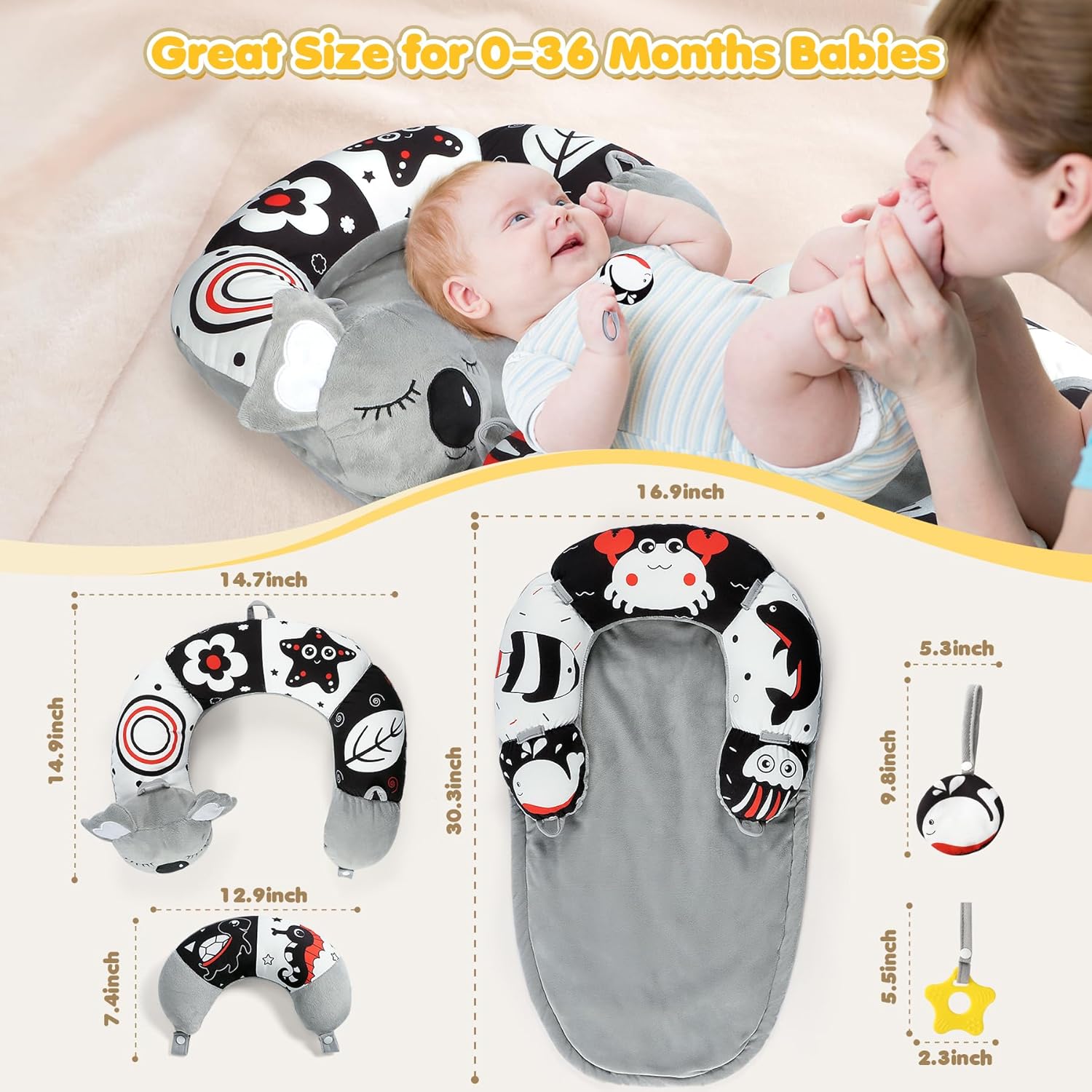 URMYWO Tummy Time Mat - 4 in 1 Cozy Tummy Time & Seated Support Pillow, Tummy Time Pillow for