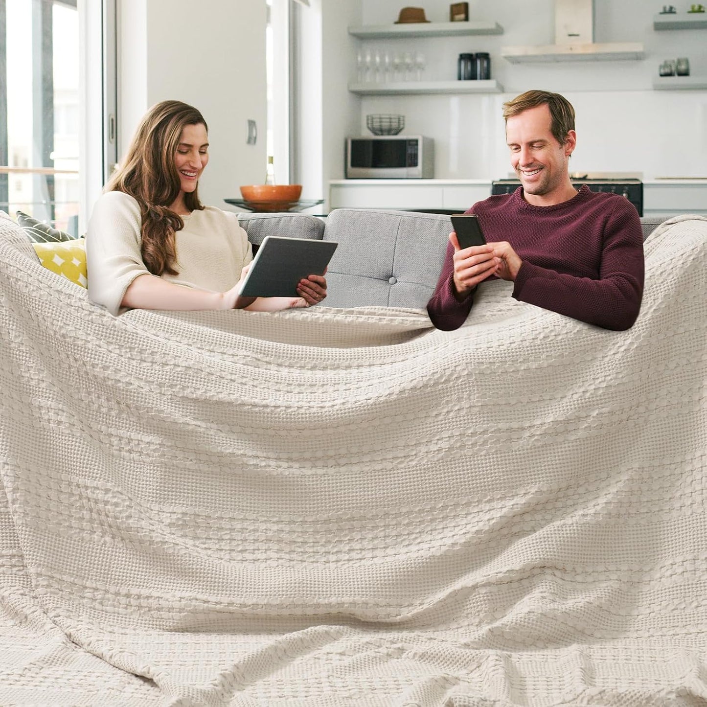PHF 100% Cotton Waffle Blanket Oversized King 120"x120", Lightweight Breathable Extra Large 10'x10'