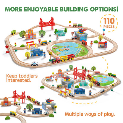 Tiny Land 110PCS Wooden Train Set, Toy Train with Tracks