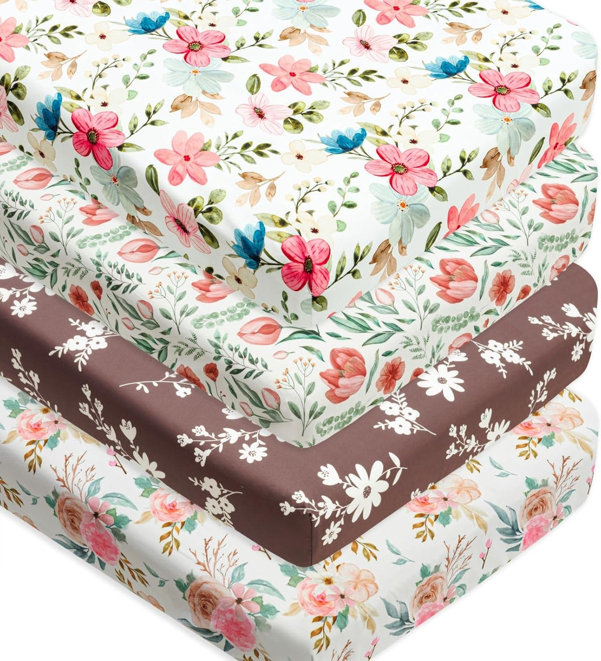 4 Pack Baby Girl Crib Sheets Set Soft Fitted Floral or Elephant Theme Baby Girl Mattress Covers