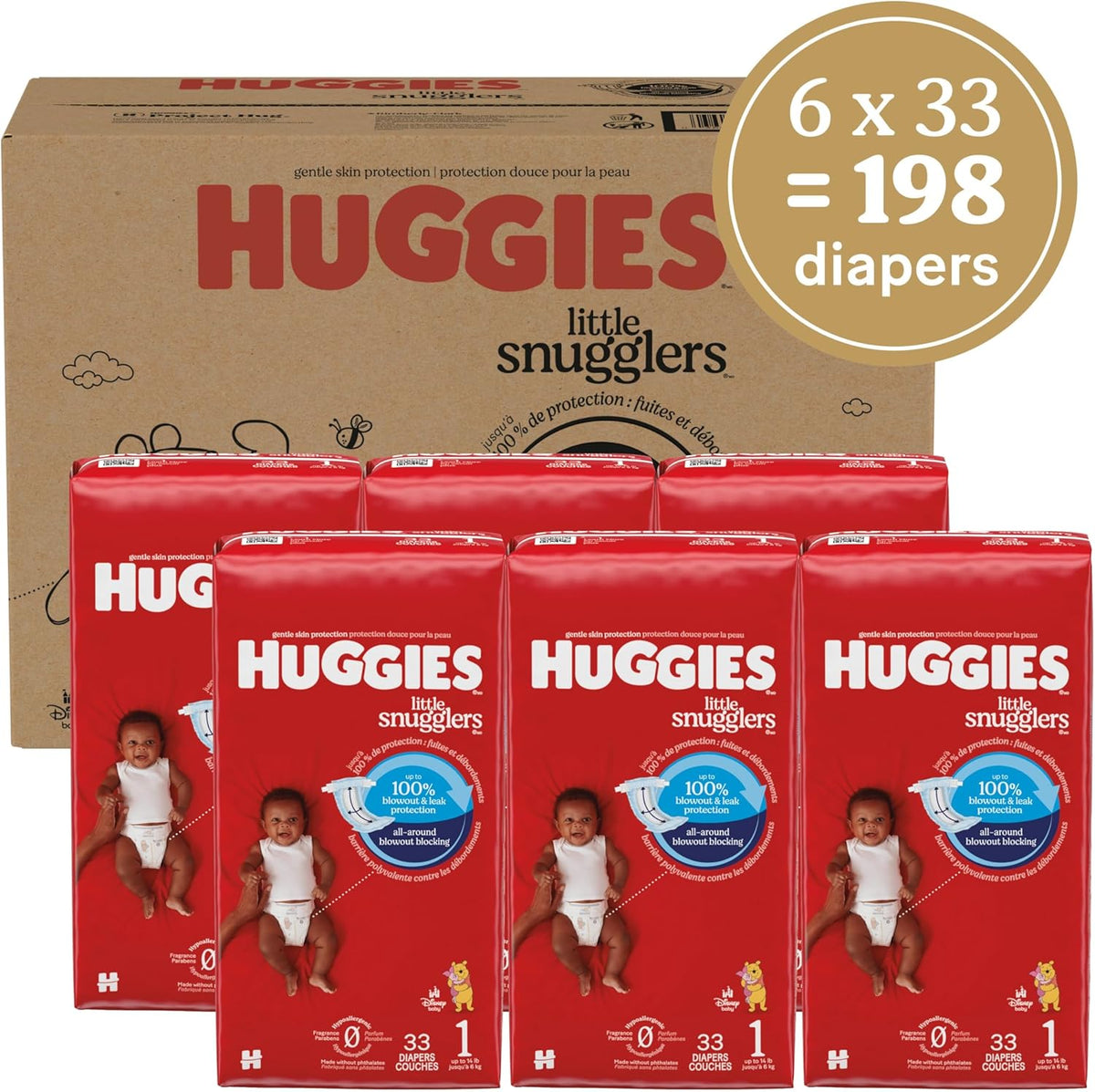 Huggies Size 1 Diapers, Little Snugglers Diapers, Size 1 (8-14 lbs), 198 Count (6 Packs of 33)