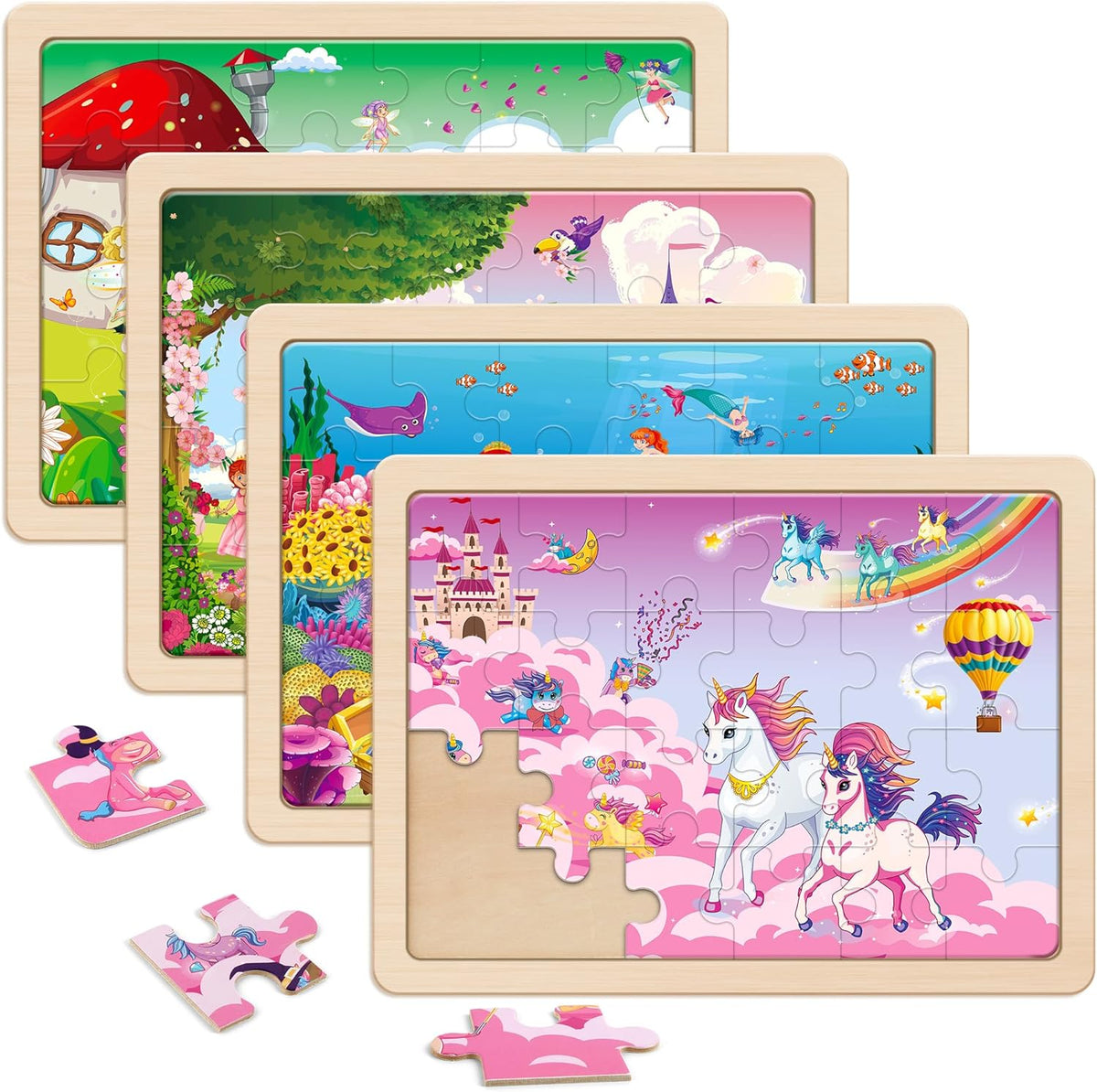 SYNARRY Large Unicorn Mermaid Princess Fairy Wooden Kids Puzzles 4 in 1 Gift Box(12.2 * 9.4 in)