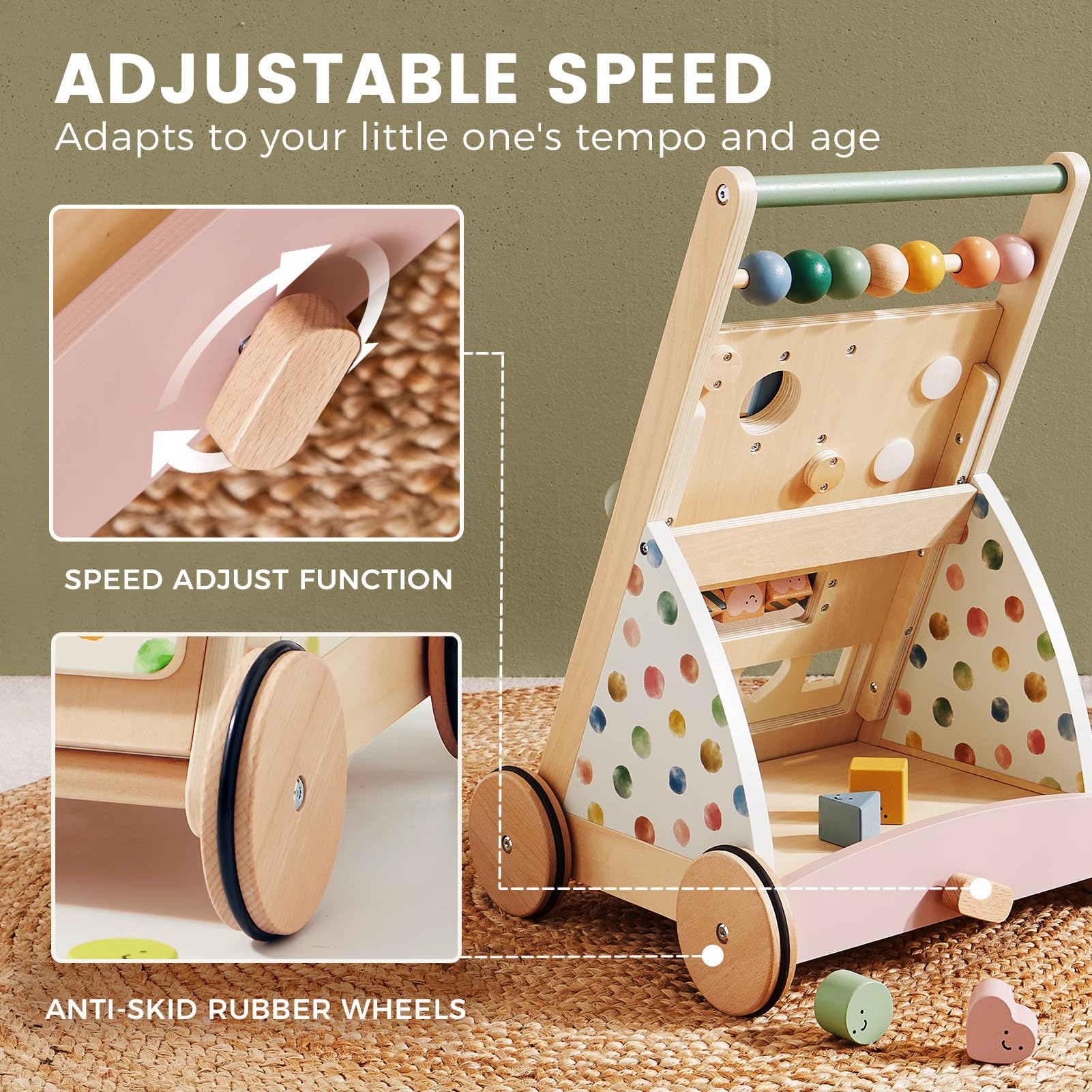 Tiny Land Wooden Baby Walker with Activity Center, Montessori Push Walker