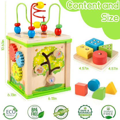 WOODMAM Wooden 7-in-1 Activity Cube, Montessori Toys for 1 2 Year Old