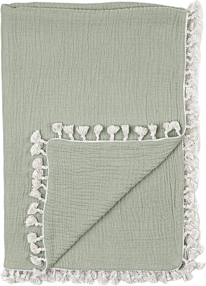 Crane Baby Green Muslin Baby Blanket, 6-Layer Cotton Baby Swaddle, Soft Cotton Lightweight Nursery