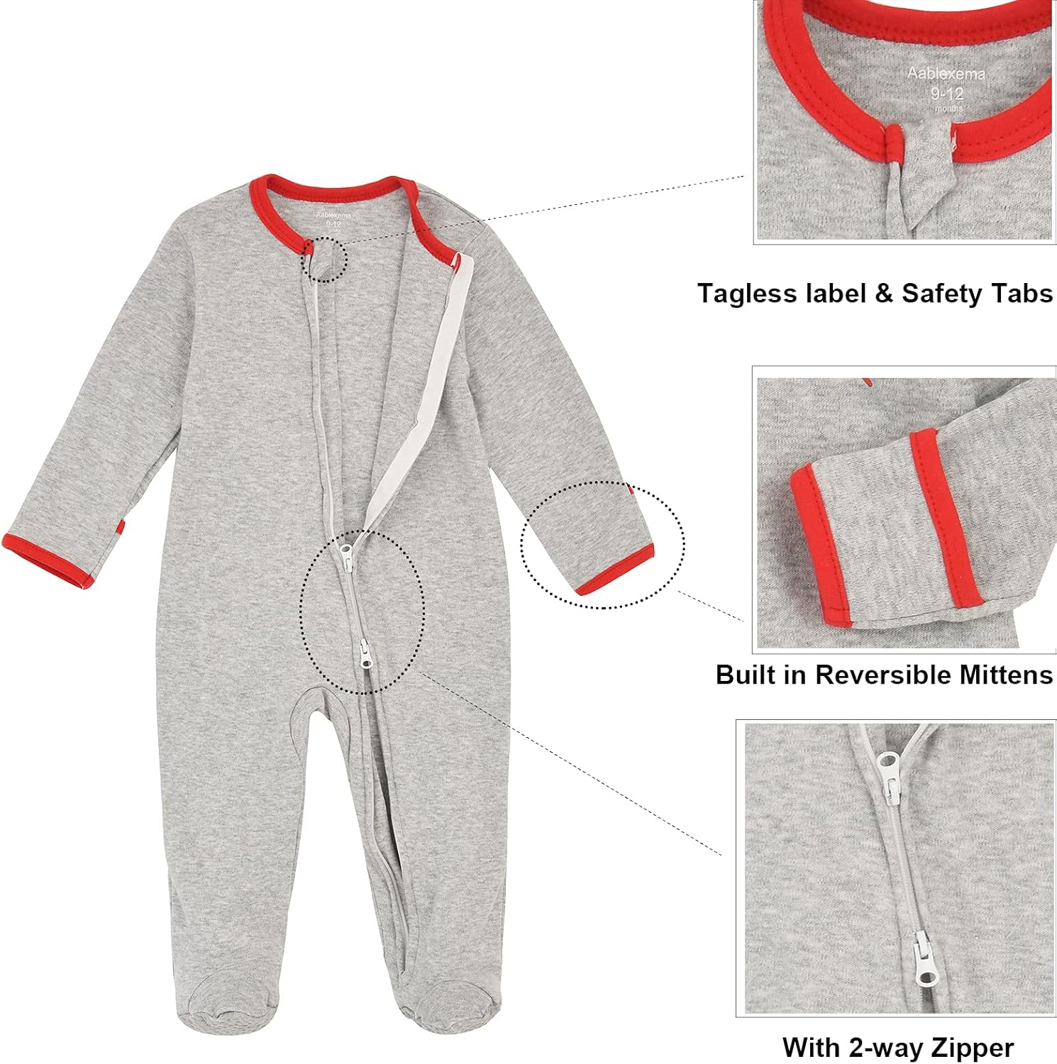 Aablexema Baby Footie Pajama with Mitten Cuffs, Double Zipper Infant Cotton clothes Sleeper Pjs