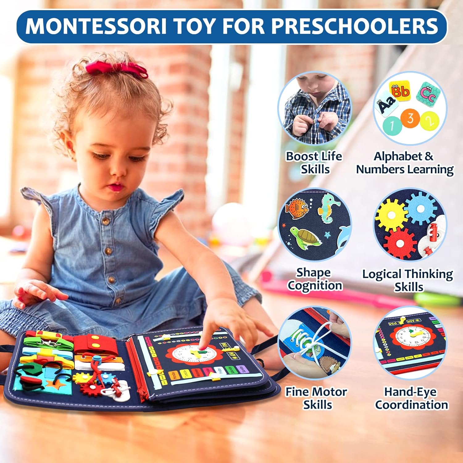Qizfun Busy Board Montessori Toy for 1 2 3 4 Years Old, Educational Activity Sensory Board