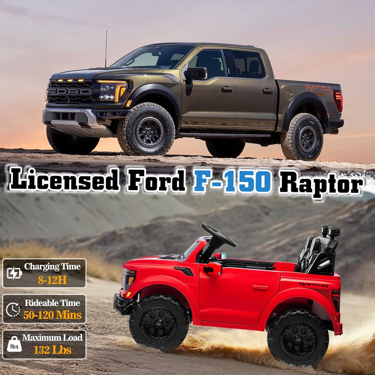 24V Ride on Car Licensed Ford F-150 Raptor, Kids Electric Car with Remote Control, LED