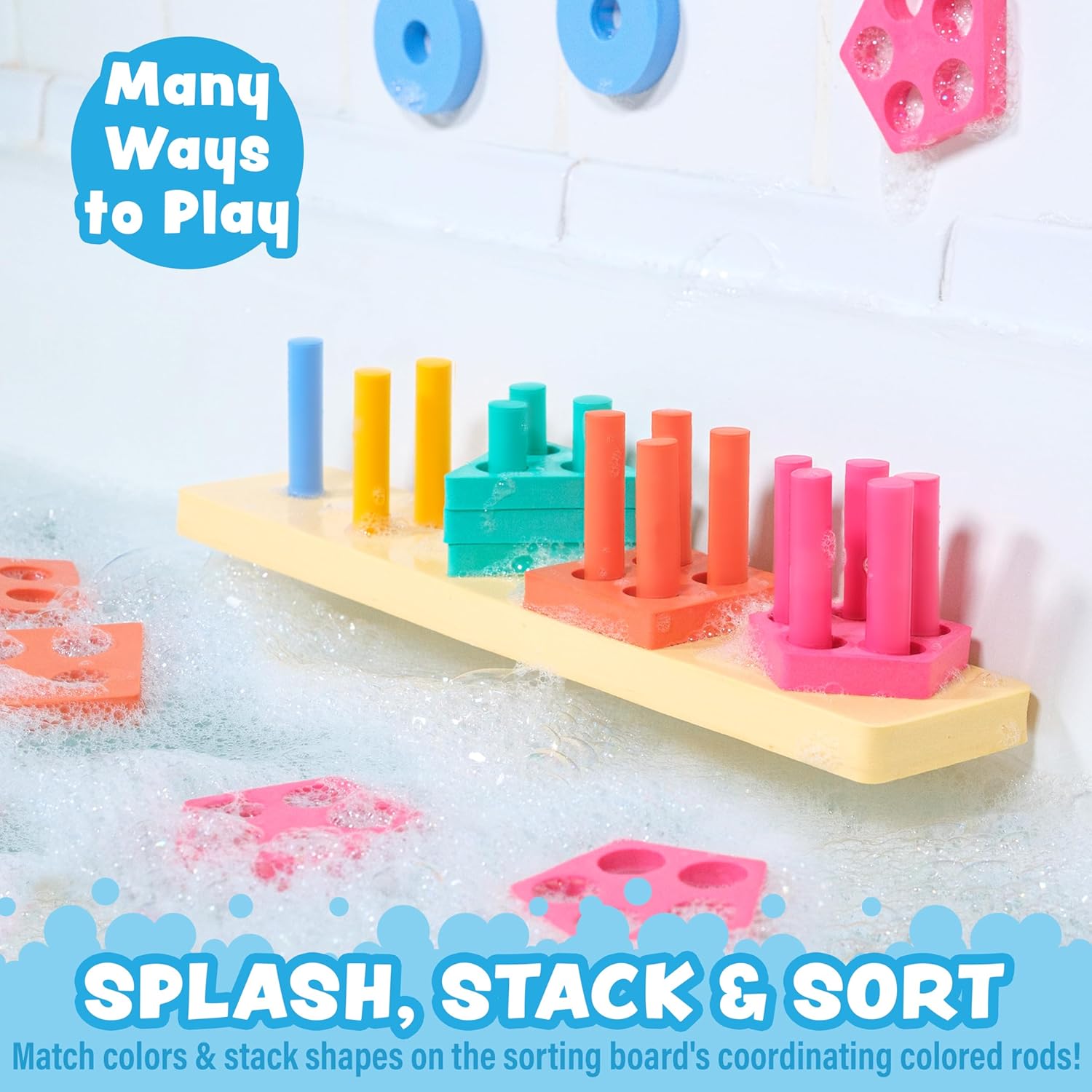Tub Works® Splash, Stack & Sort™ Shape Sorter & Stacking Toddler Bath Toy | 20 Foam Pieces | Color