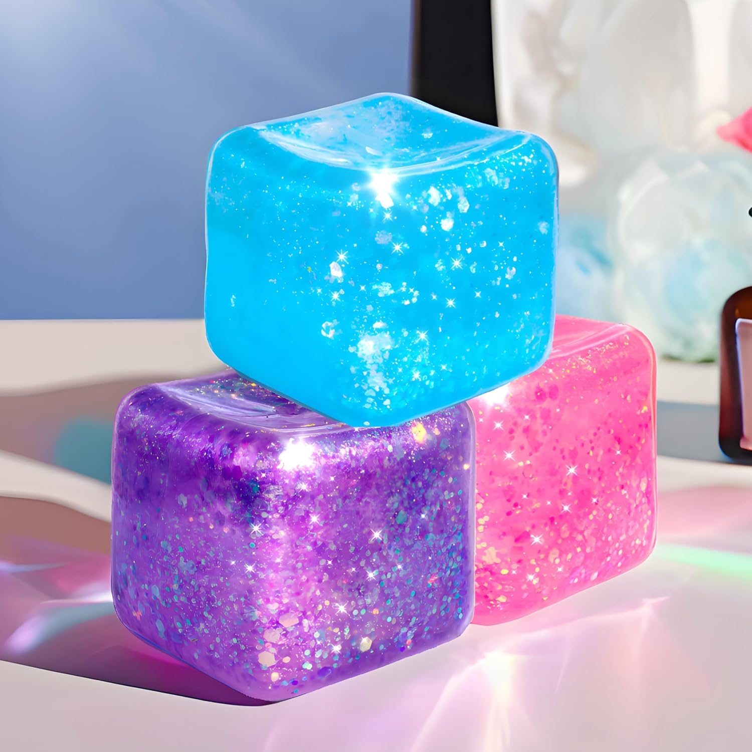 3Pack Slow Rise Glitter Squishy Cube Square Ice Cube Malt Sugar Stress Balls for Adults&Kids, Nice
