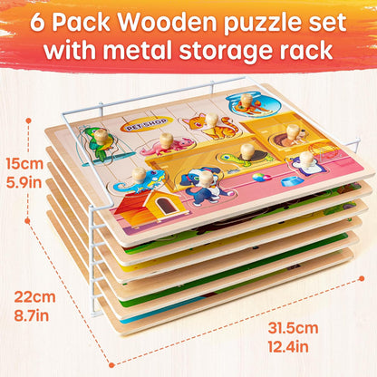 SYNARRY Wooden Puzzles for Toddlers 1-3, 6XSET Animals Puzzles for Toddlers 2-4 with Rack, Toddler