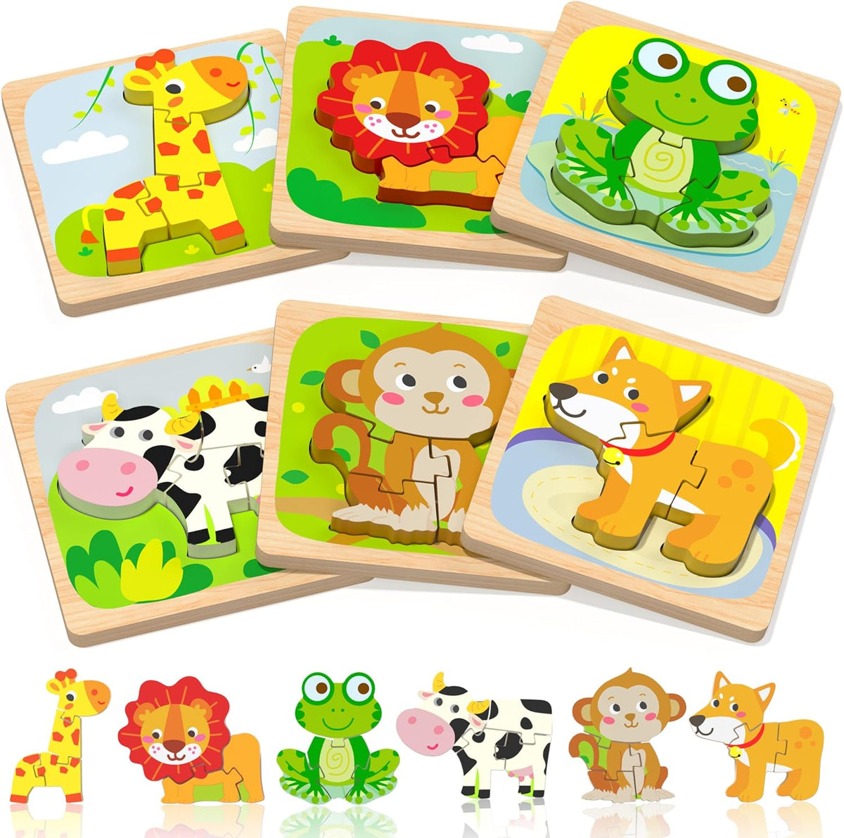 Benresive Wooden Toddler Puzzles, 6pcs Animal Montessori Toys for 1-3 Year Old Boys & Girls