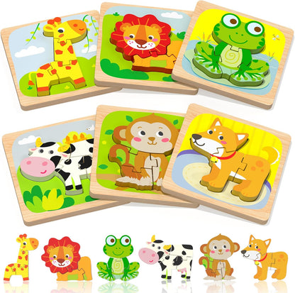 Benresive Wooden Toddler Puzzles, 6pcs Animal Montessori Toys for 1-3 Year Old Boys & Girls