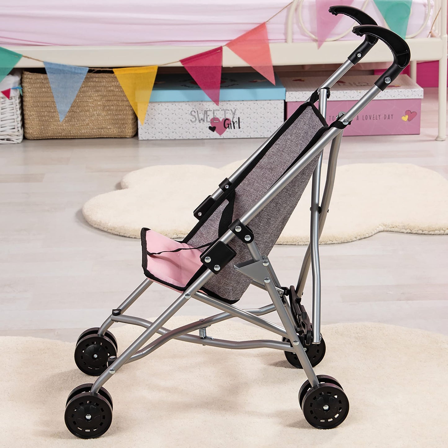 Bayer Doll Umbrella Stroller, Foldable Toy Buggy for 18 Inch Dolls, Grey