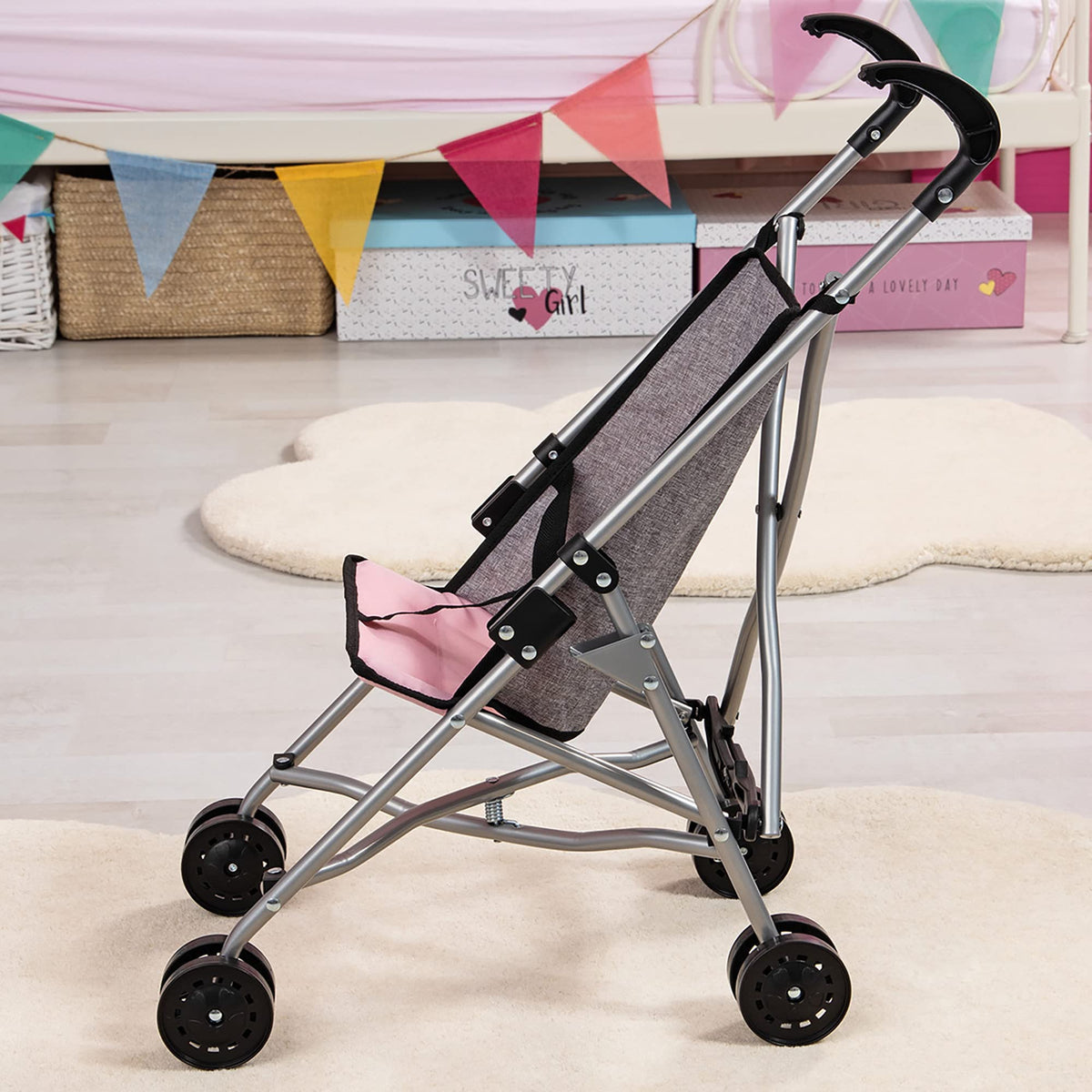 Bayer Doll Umbrella Stroller, Foldable Toy Buggy for 18 Inch Dolls, Grey