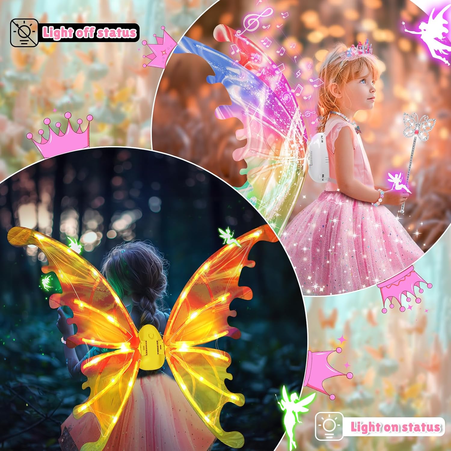 Princess Dress up Costume with Electric Fairy Wings for Girls 3-8, Light Up Moving Butterfly Wings