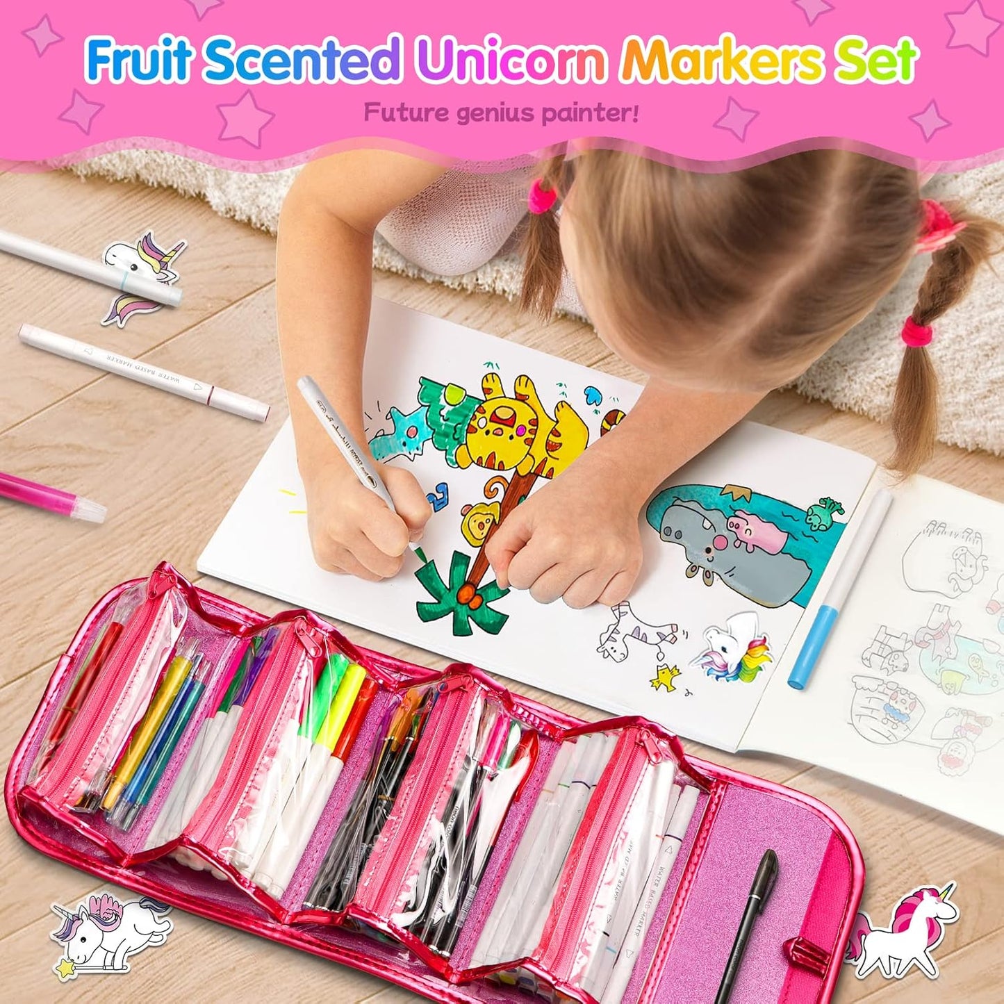 beefunni Unicorn Washable Markers Set 48 pcs with Glitte Pencil Case, Art Supplies for Kids Ages