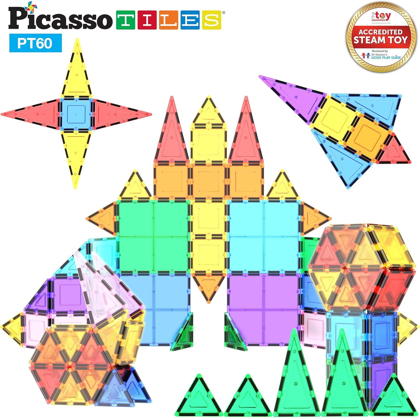 PicassoTiles 60 Piece Set 60pcs Magnet Building Tiles Clear Magnetic 3D Blocks Construction