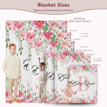 Custom Floral Rose Blanket with Name Personalized Name Blanket for Girl Newborn New Baby Customized