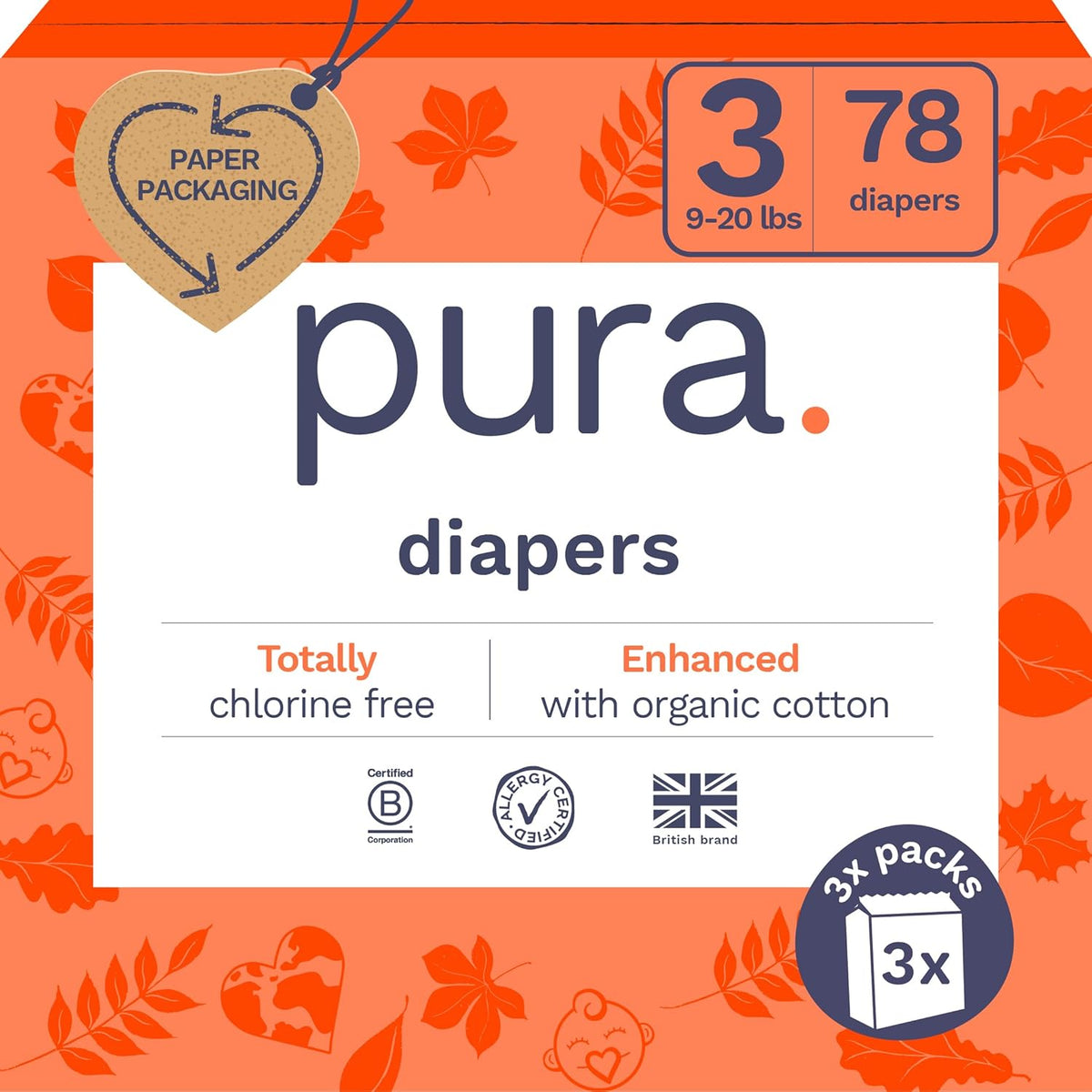 Size 3 Eco-Friendly Diapers (9-20 lbs) Totally Chlorine Free (TCF),Hypoallergenic, Soft Organic