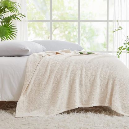 CYMULA Super Soft Knit Throw Blanket Twin Size Cream White-Lightweight Plush Fuzzy Fluffy Warm Cozy