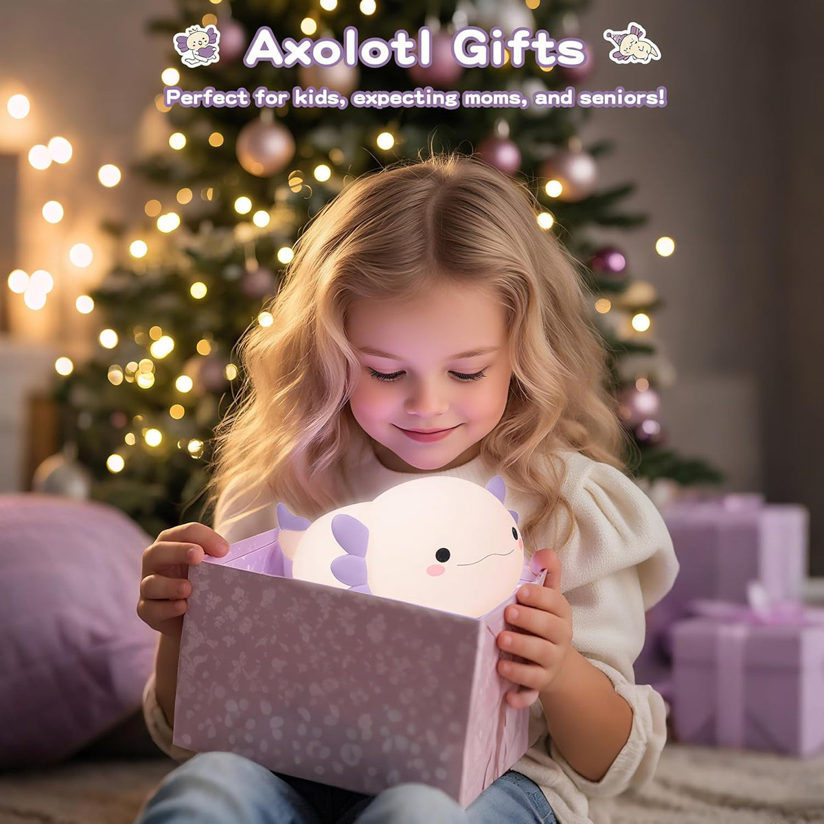 Axolotl Night Light for Kids,Cute Purple Axolotl Lamp,LED Squishy Nursery Nightlight, Food Grade
