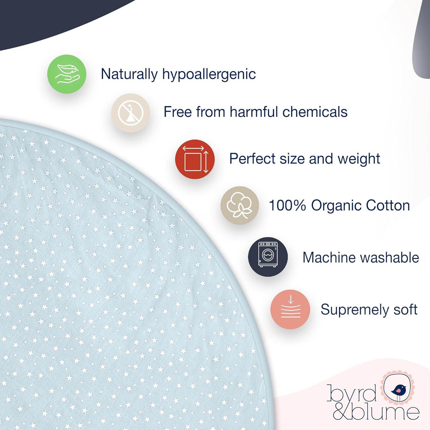 Byrd & Blume Round Baby Play Mat, Organic Cotton Soft Padded Nursery Floor Mat, Safe Hypoallergenic