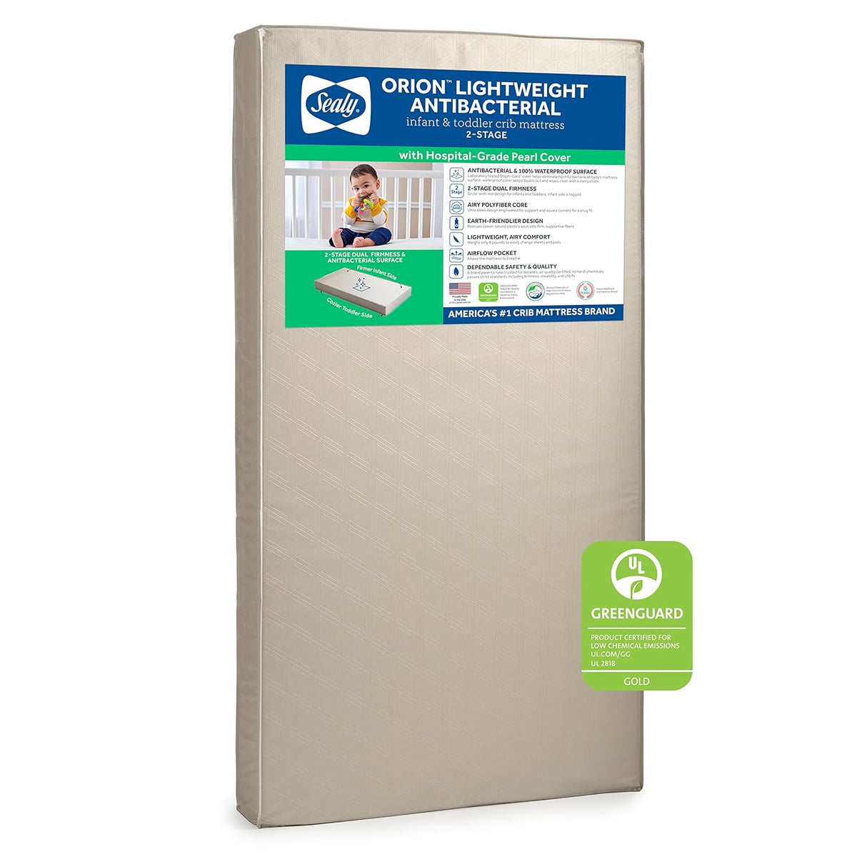 Sealy Baby Orion Antibacterial 2 Stage Breathable Crib Mattress plus Toddler Bed Fit, Lightweight &