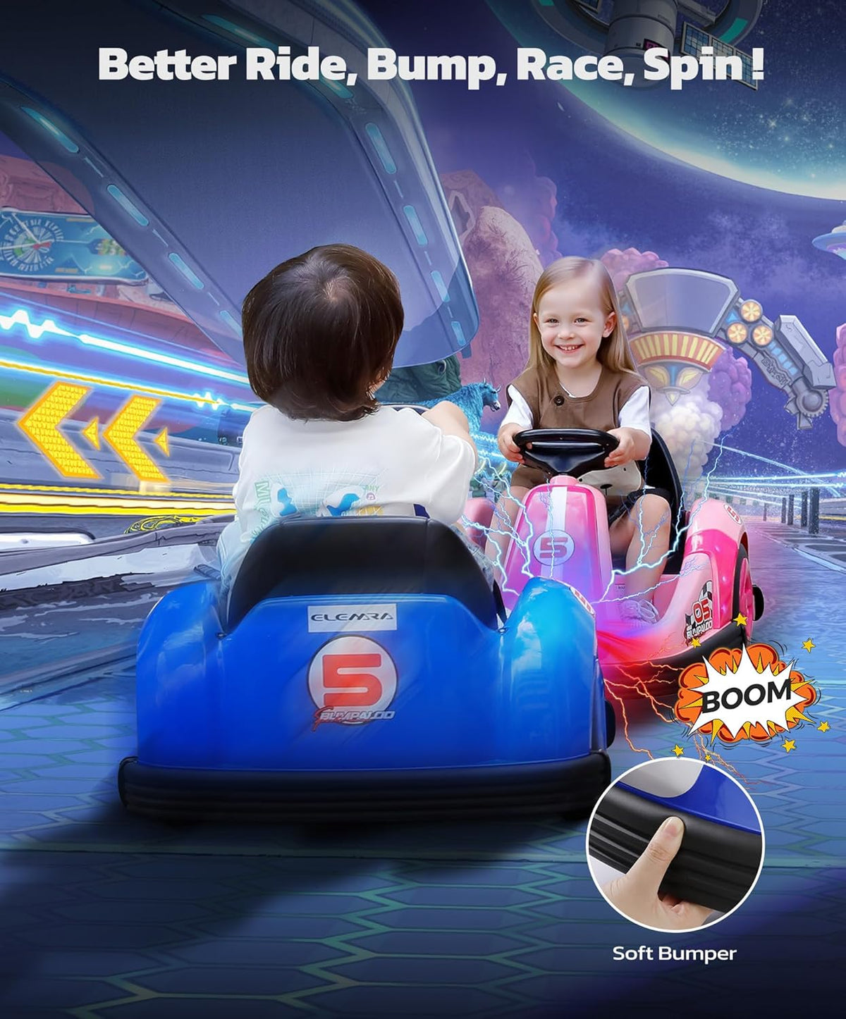 ELEMARA 12V Kids Bumper Car with Big Wheel, 2.2 Mph Max, Toddler Bumper Cars with Remote, Baby