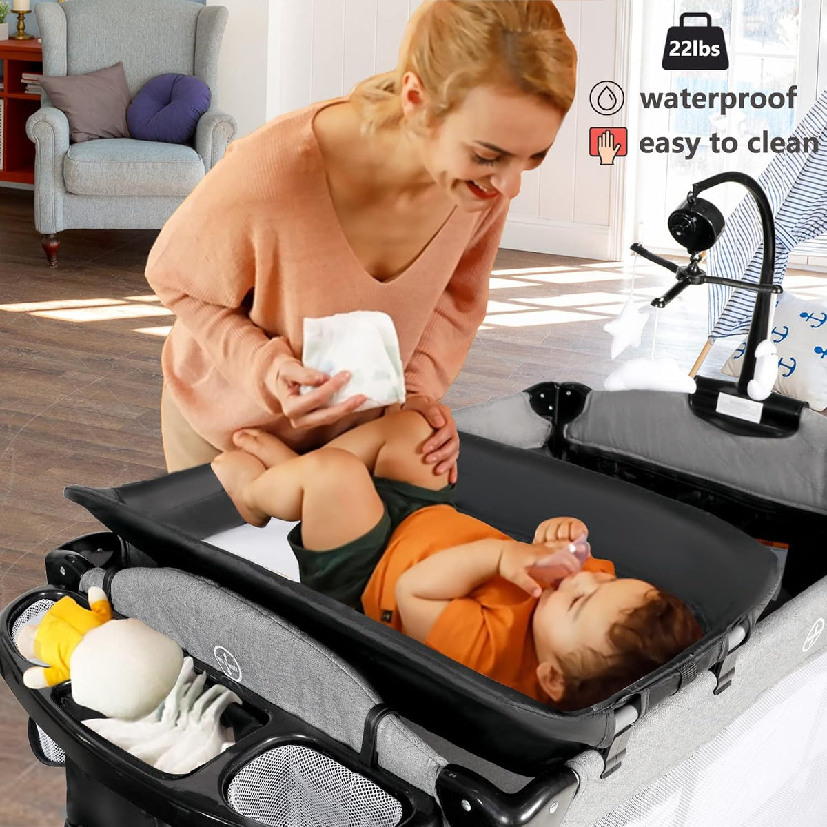 Kinder King 4 in 1 Portable Nursery Center, Foldable Baby Bedside Crib w/Bassinet, Infant Pack n