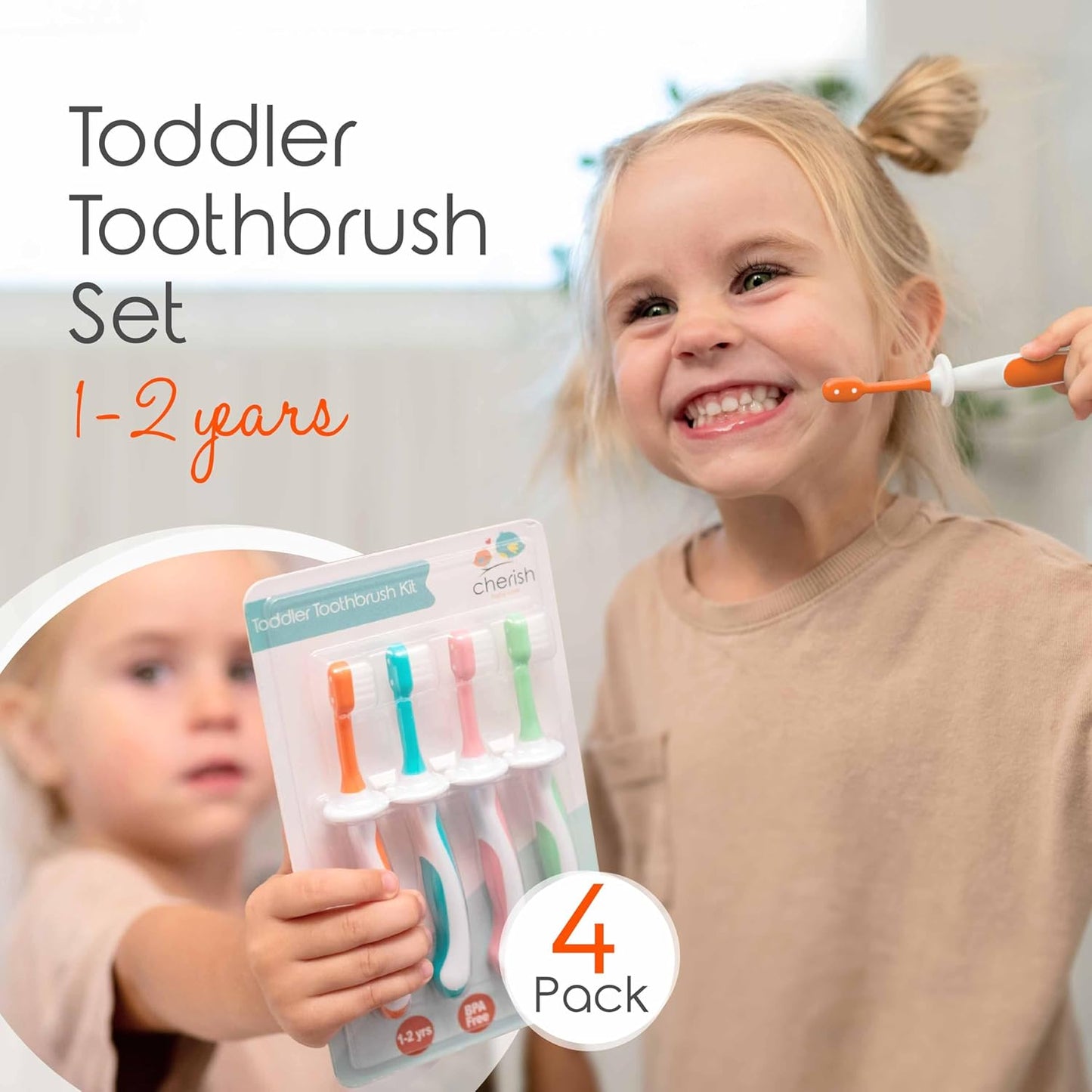 Cherish Baby Care Toddler Toothbrushes 1-2 Years (4-Pack) - BPA-Free & Safety-Tested Kids