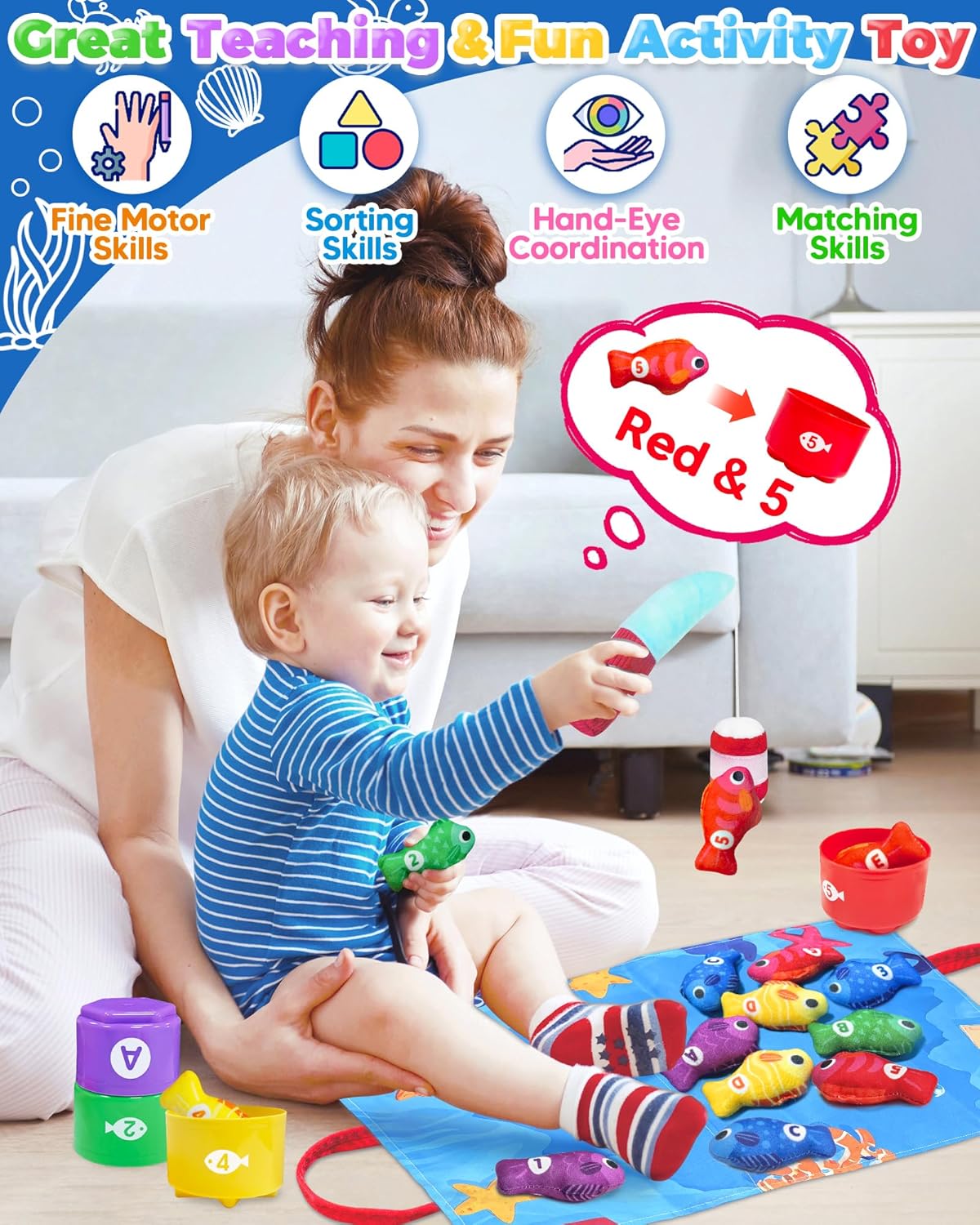 Montessori Toys for 1 Year Old, Toddler Fishing Game with Stacking Cups, Learning Educational Toys