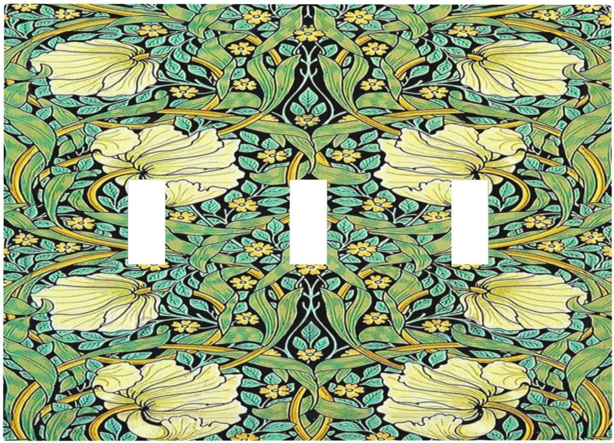Decorative Switch Plates William Morris Vintage Floral Yellow Flowers Green Leaf 3 Gang Wall Plate