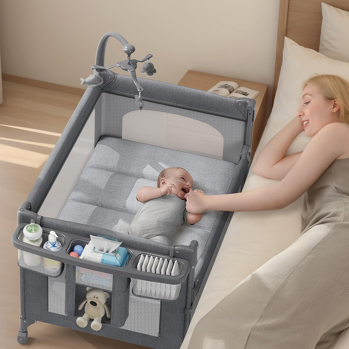 4 in 1 Baby Bassinet, Pack and Play, Bedside Crib Sleeper, Diaper Changer, Quickly Assembled and