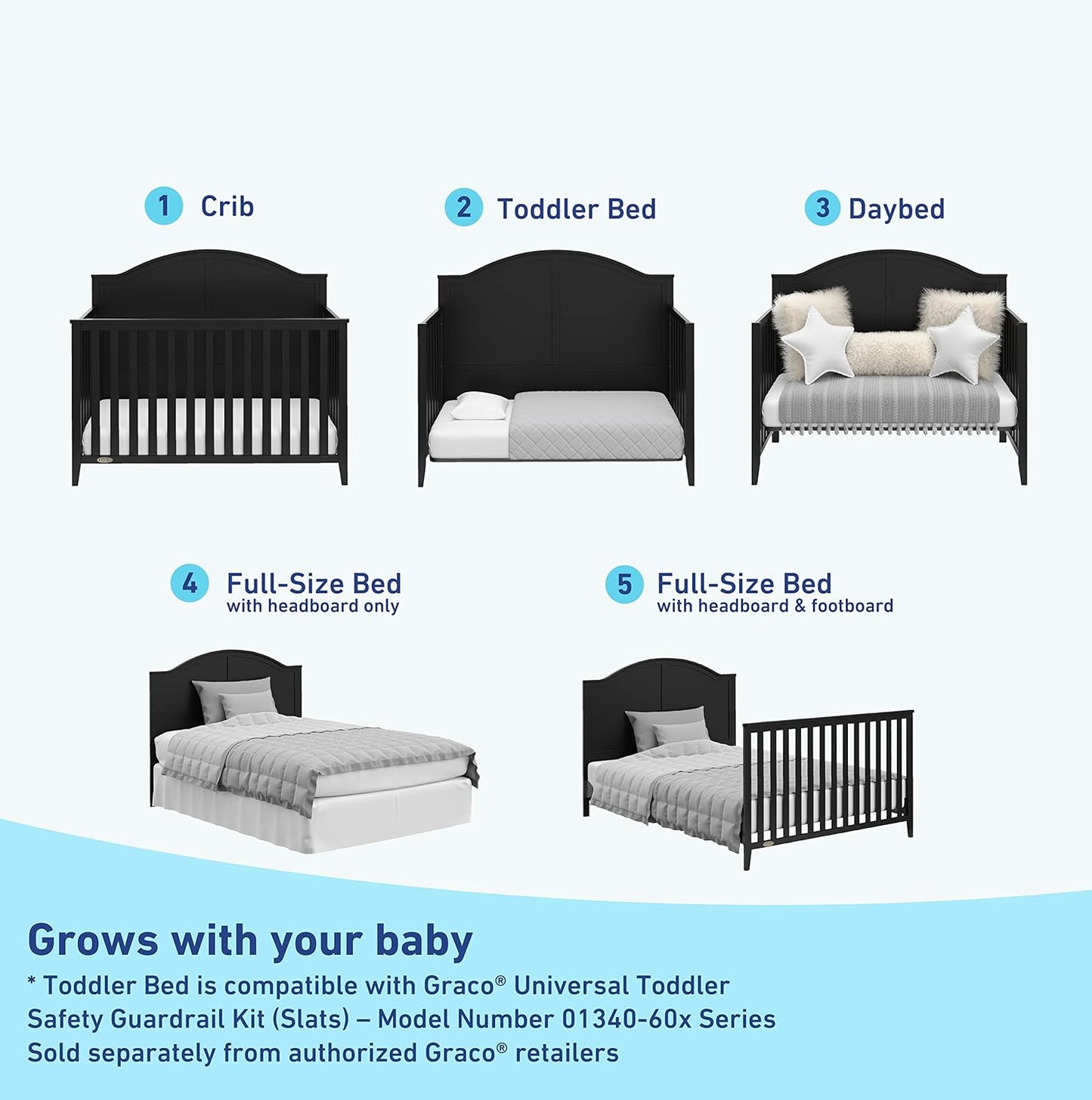 Graco Wilfred 5-in-1 Convertible Crib (Black) – GREENGUARD Gold Certified, Converts to Toddler Bed