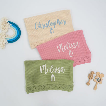 Custom Embroidered Baby Blanket, Personalized Knitted Cotton Blanket with Name for Newborn Boys and