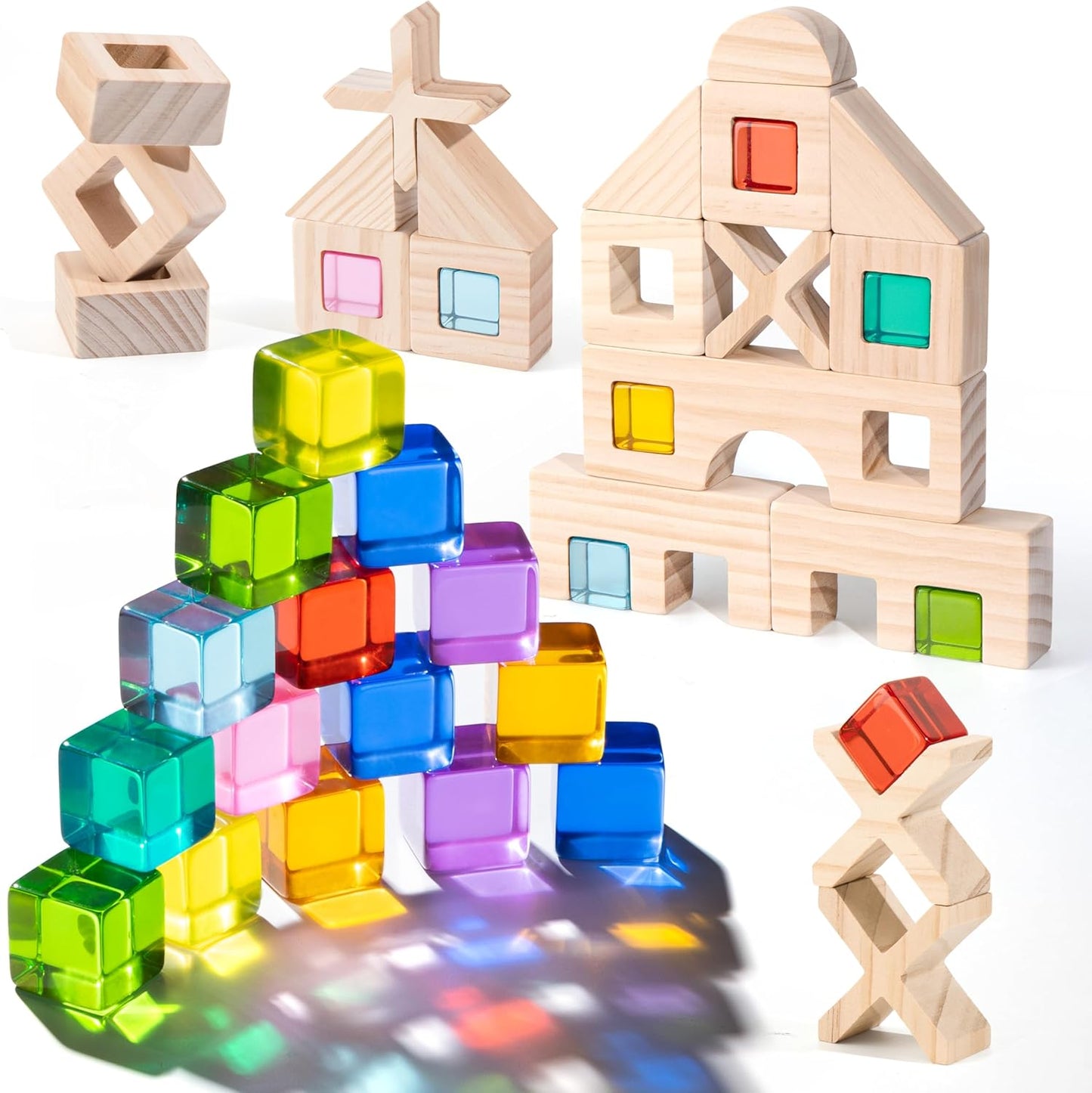 Wooden Rainbow Building Blocks Set for Kids, 22 PCS Wooden Blocks & 25 PCS Gem Cubes Stacking