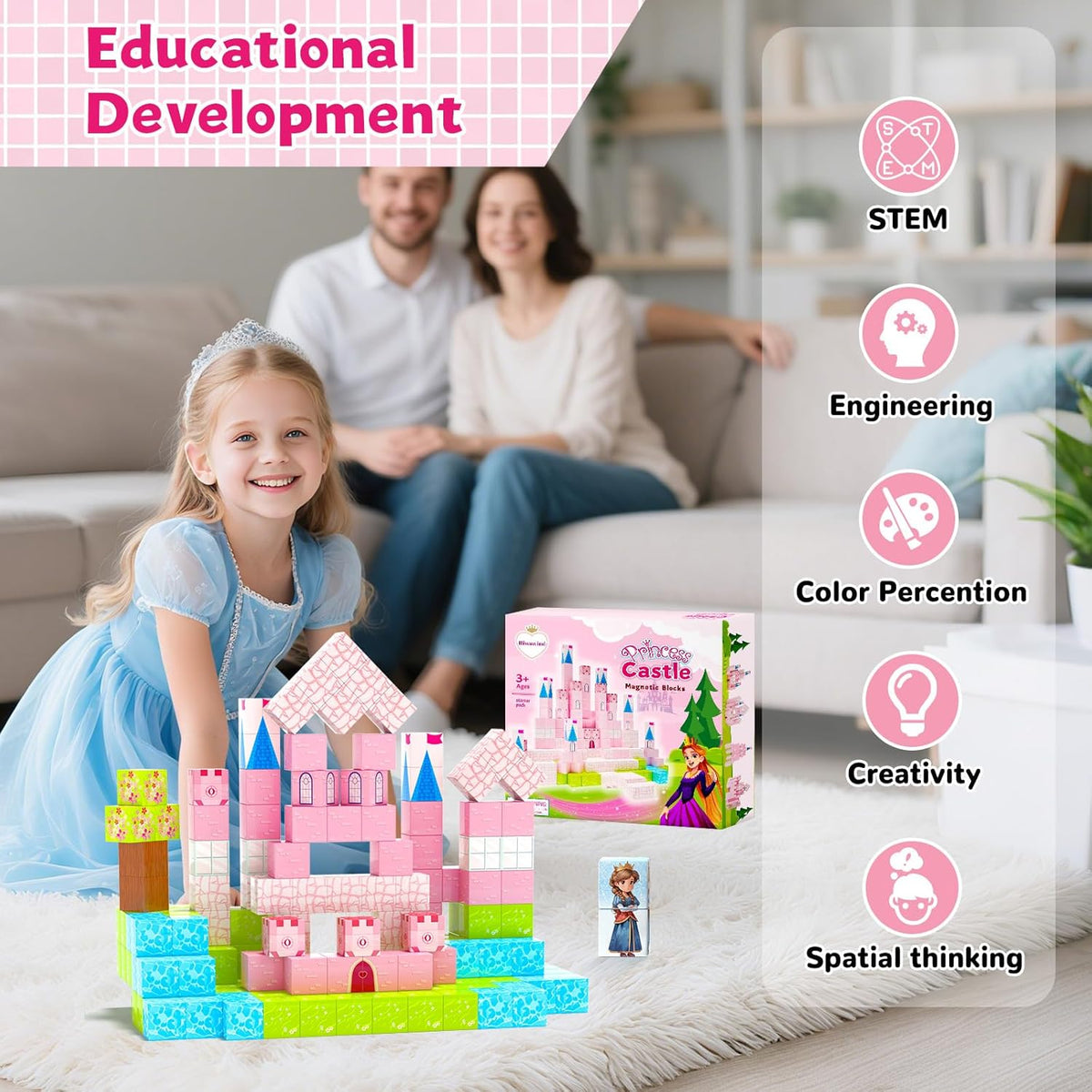 64 Pcs Magnetic Blocks-Princess Castle Collection World,Magnetic Building Blocks for 3+ Year Old